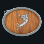 Chrome Marlin on Teak Wood Belt Buckles<br><div class="desc">A silver chrome like marlin fish applique design decor. A racy modern nautical gift. Here's a selection of fine custom casual embroidered baseball caps; in a nautical style, you can easily personalise to make it as unique as you are. Use the "Ask this Designer" link to contact us with your...</div>