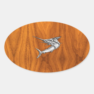 Chrome Marlin on Teak Wood Oval Sticker