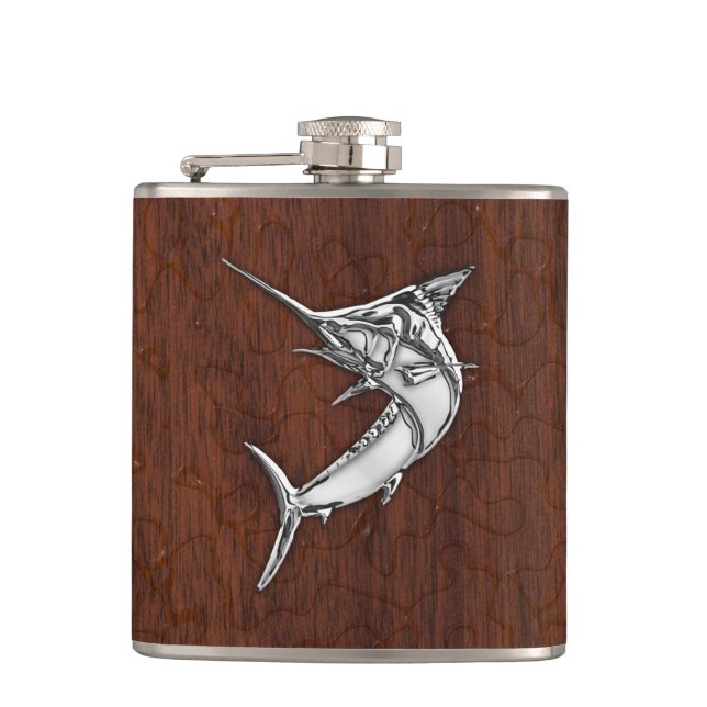 Chrome Marlin on Wet Mahogany Print Hip Flask (Front)