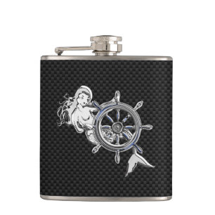 Chrome Mermaid on Carbon Fibre Print Hip Flask