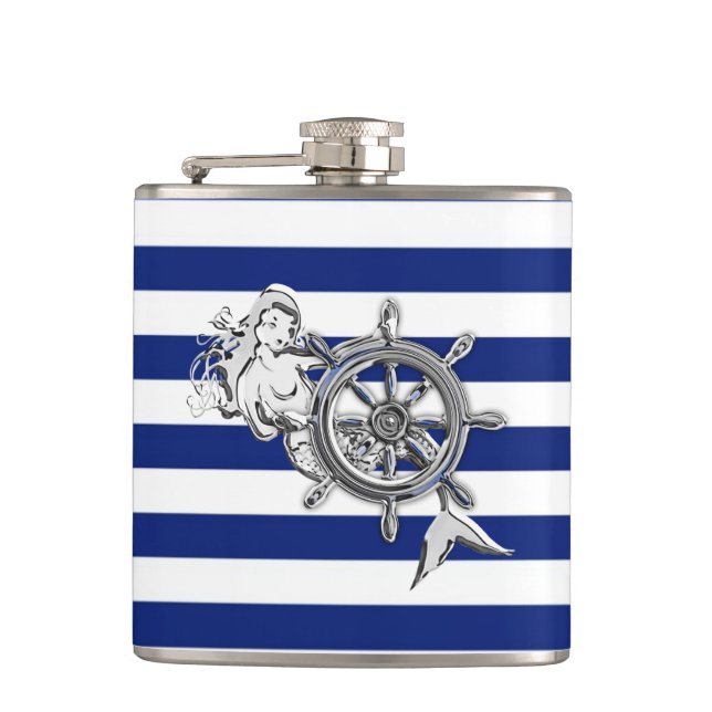 Chrome Mermaid on Navy Stripes Hip Flask (Front)