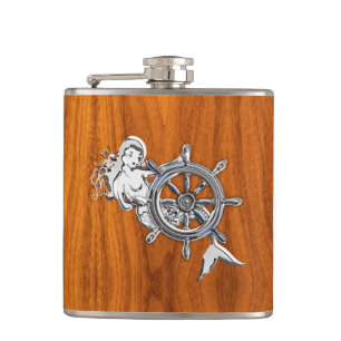Chrome Mermaid on Teak Print Hip Flask