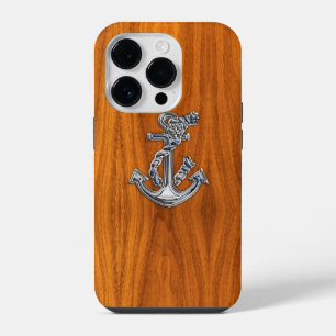 Chrome Nautical Anchor on Teak Wood iPhone 14 Pro Case