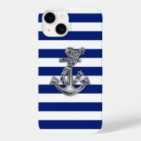 Chrome Nautical Anchor Print on Navy Stripes