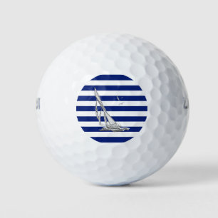 Chrome Nautical Regatta Print on Navy Stripes Golf Balls