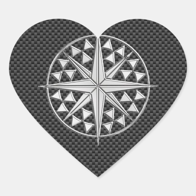 Chrome Nautical Star on Carbon Fiber Heart Sticker (Front)