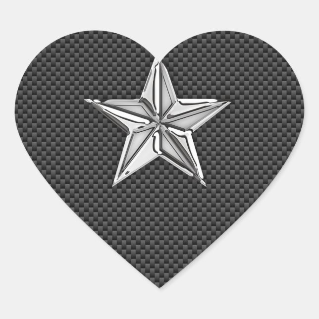 Chrome Nautical Star on Carbon Fibre Heart Sticker (Front)