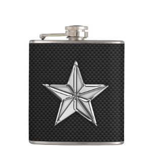 Chrome Nautical Star on Carbon Fibre Print Hip Flask