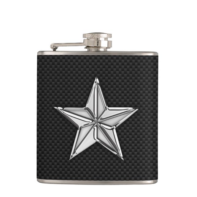 Chrome Nautical Star on Carbon Fibre Print Hip Flask (Front)