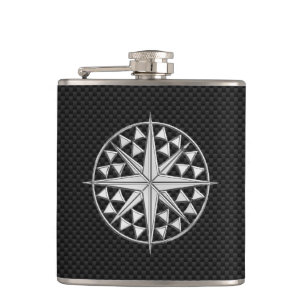 Chrome Nautical Star on Carbon Fibre Print Hip Flask