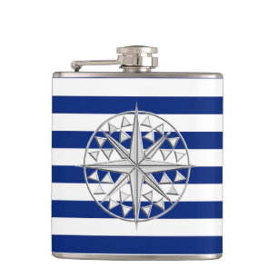 Chrome Nautical Star on Navy Stripes Hip Flask