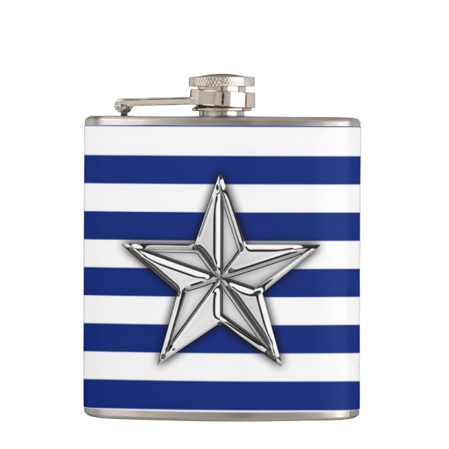 Chrome Nautical Star on Navy Stripes Hip Flask (Front)