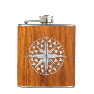 Chrome Nautical Star on Teak Print Hip Flask