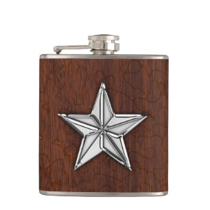 Chrome Nautical Star on Wet Mahogany Print Hip Flask