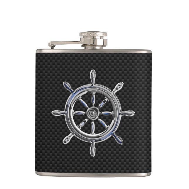 Chrome Nautical Wheel on Carbon Fibre Print Hip Flask (Front)