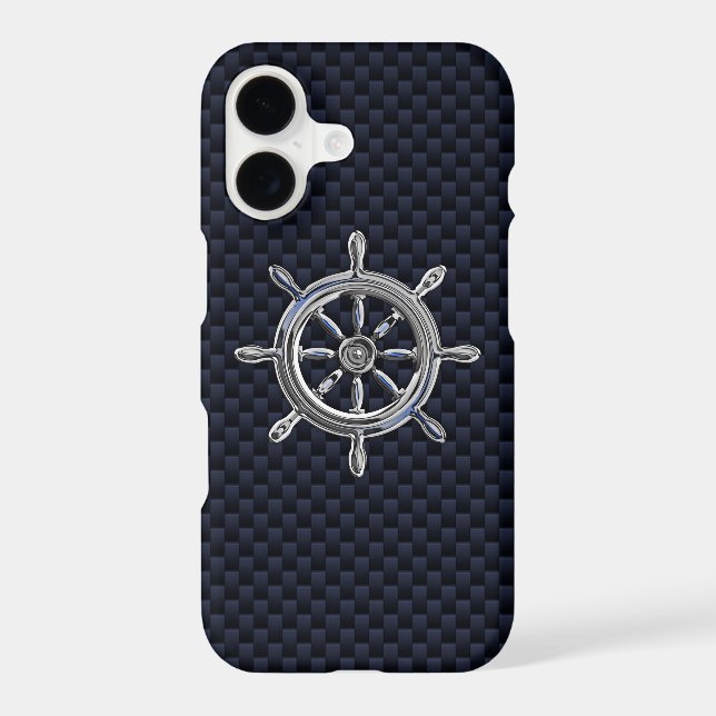 Chrome Nautical Wheel on Carbon Fibre Print iPhone Case (Back)
