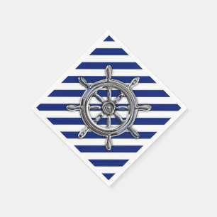 Chrome Nautical Wheel on Navy Stripes Print Napkin