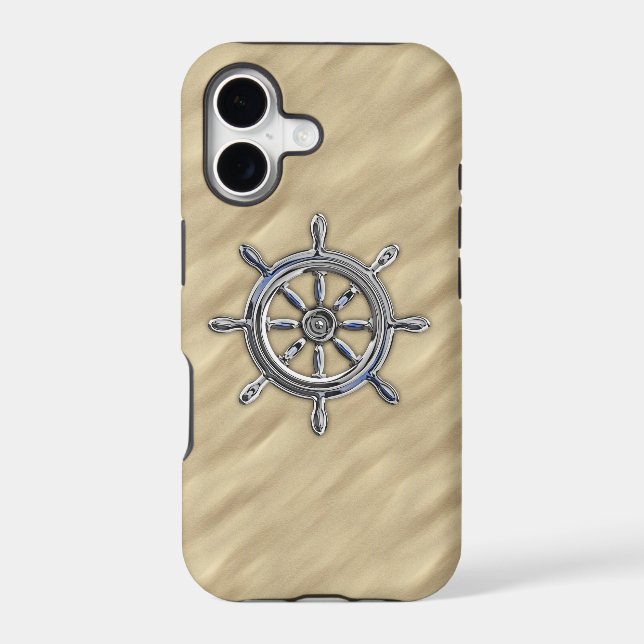 Chrome Nautical Wheel on Sandy Beach Print (Back)