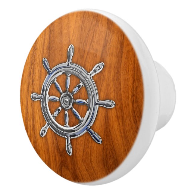 Chrome Nautical Wheel on Teak Wood Grain Print Ceramic Knob (Right)