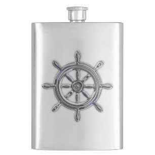 Chrome Nautical Wheel Print Hip Flask