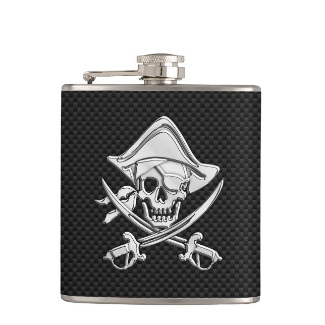 Chrome Pirate on Carbon Fibre Print Hip Flask (Front)