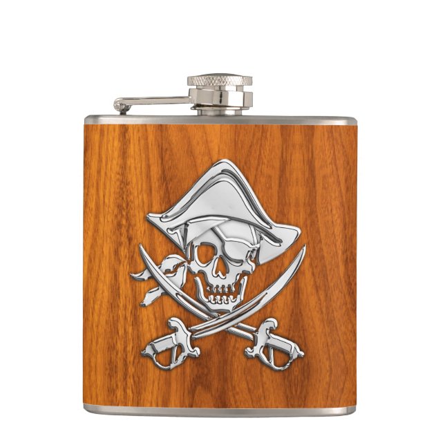 Chrome Pirate on Teak Print Hip Flask (Front)