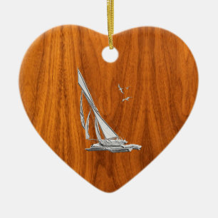 Chrome Regatta Sailboat on Teak Veneer Styles Ceramic Tree Decoration