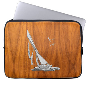 Chrome Regatta Sailboat on Teak Veneer Styles Laptop Sleeve