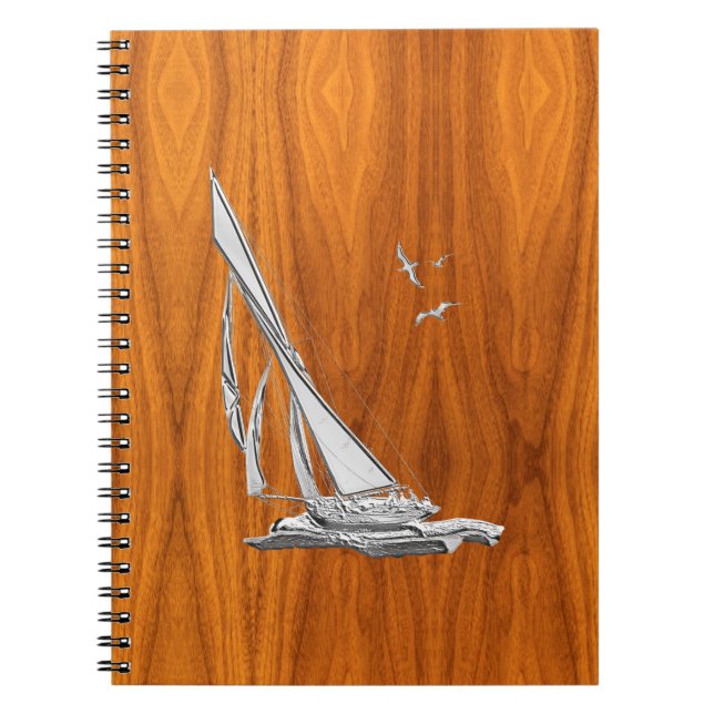 Chrome Regatta Sailboat on Teak Veneer Styles Notebook (Front)