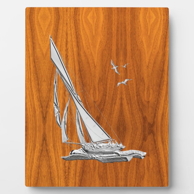 Chrome Regatta Sailboat on Teak Veneer Styles Plaque (Front)