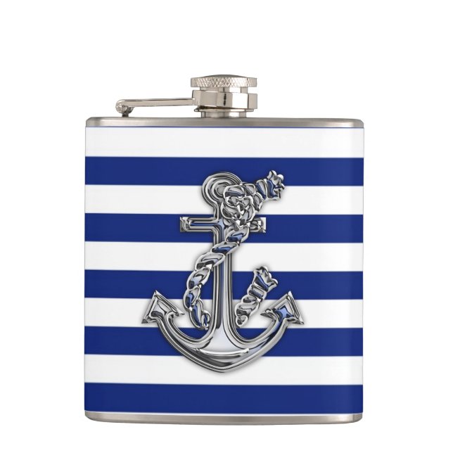 Chrome Rope Anchor on Navy Stripes Hip Flask (Front)