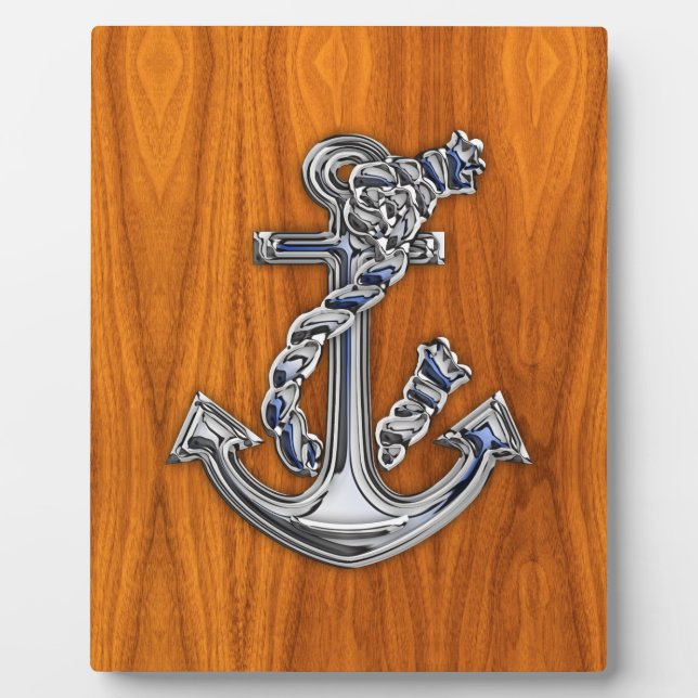 Chrome Rope Anchor on Teak Veneer Plaque (Front)