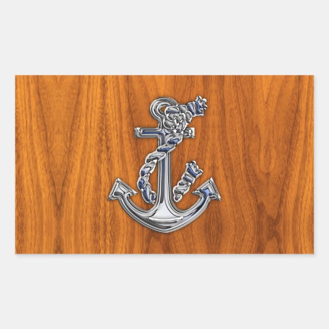 Chrome Rope Anchor on Teak Veneer Rectangular Sticker (Front)