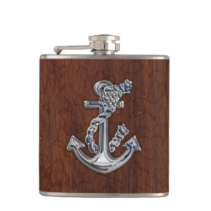 Chrome Rope Anchor on Wet Mahogany Print Hip Flask