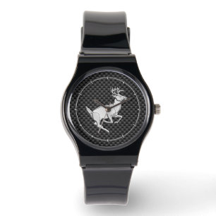 Chrome Running Deer on Carbon Fiber Print Watch