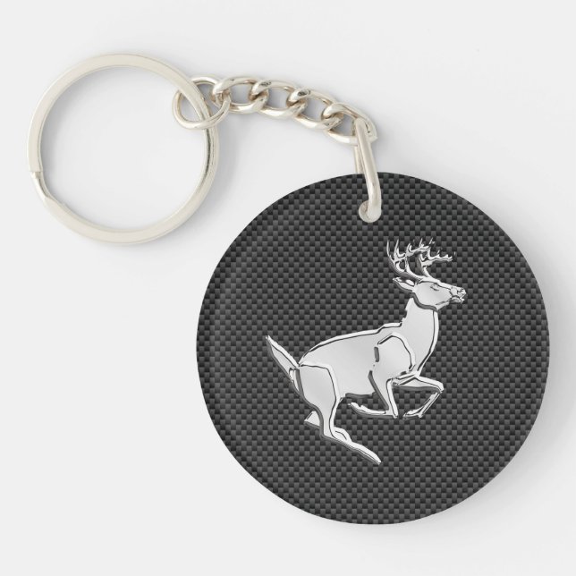Chrome Running Deer on Carbon Fibre Decor Key Ring (Front)