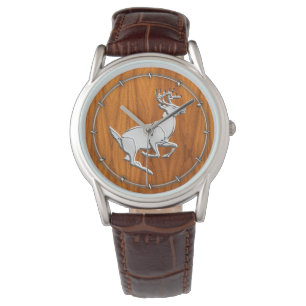 Chrome Running Deer on Fine Teak Print Watch