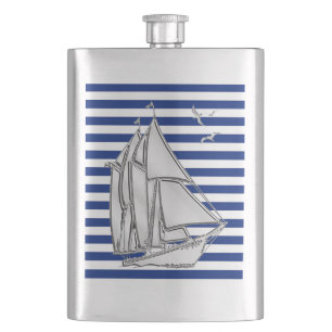 Chrome Sail Boat on Navy Stripes Print Hip Flask