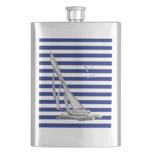 Chrome Sail Boat on Navy Stripes Print Hip Flask