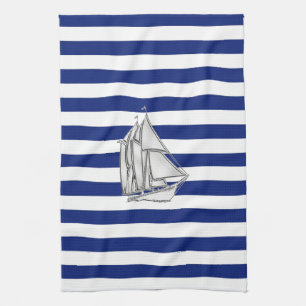 Chrome Sailboat on Nautical Stripes Tea Towel