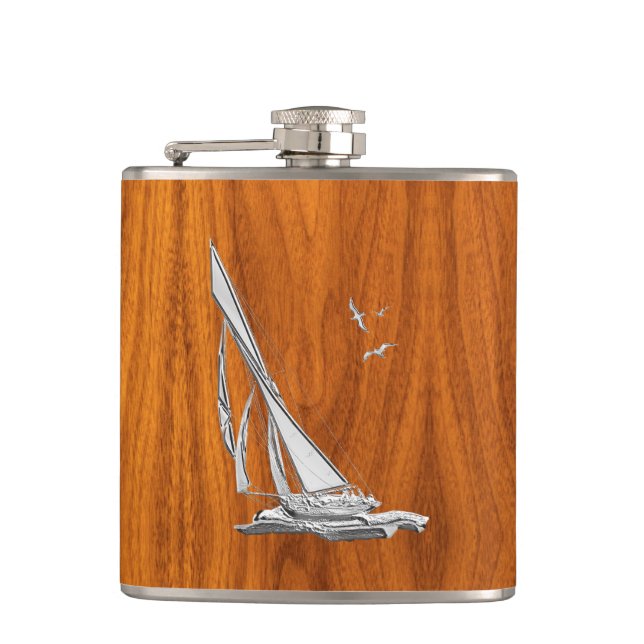 Chrome Sailboat on Teak Print Hip Flask (Front)
