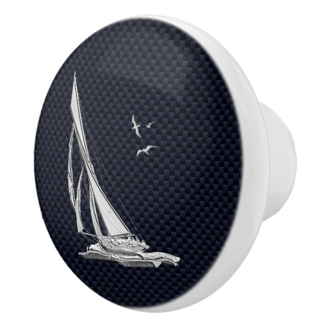 Chrome Sailing on Nautical Navy Carbon Fibre Print Ceramic Knob (Right)