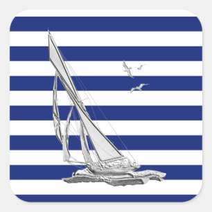 Chrome Sailing on Nautical Stripes Square Sticker