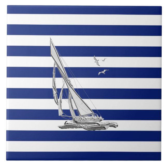 Chrome Sailing on Nautical Stripes Tile (Front)