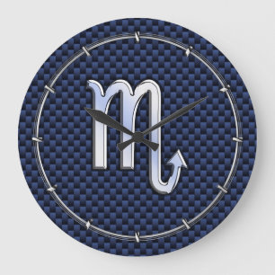 Chrome Scorpio Zodiac Sign on Blue Carbon Fibre Large Clock