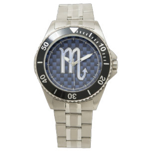 Chrome Scorpio Zodiac Sign on Blue Carbon Fibre Watch