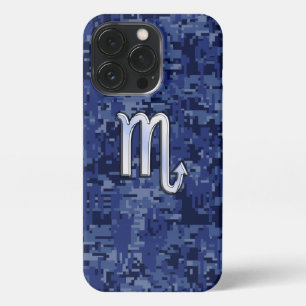 Chrome Scorpio Zodiac Sign on Navy Blue Camo iPhone 13 Pro Case