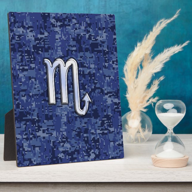 Chrome Scorpio Zodiac Sign on Navy Blue Camo Plaque (Side)