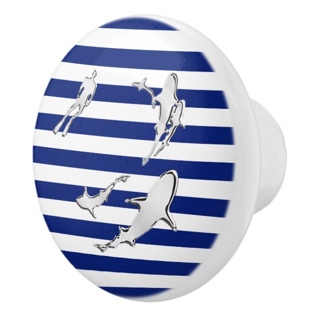 Chrome Sharks on Nautical Navy Blue Stripes Print Ceramic Knob (Right)