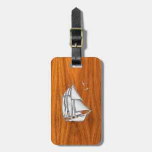 Chrome Silver like Sailboat on Teak Veneer Luggage Tag